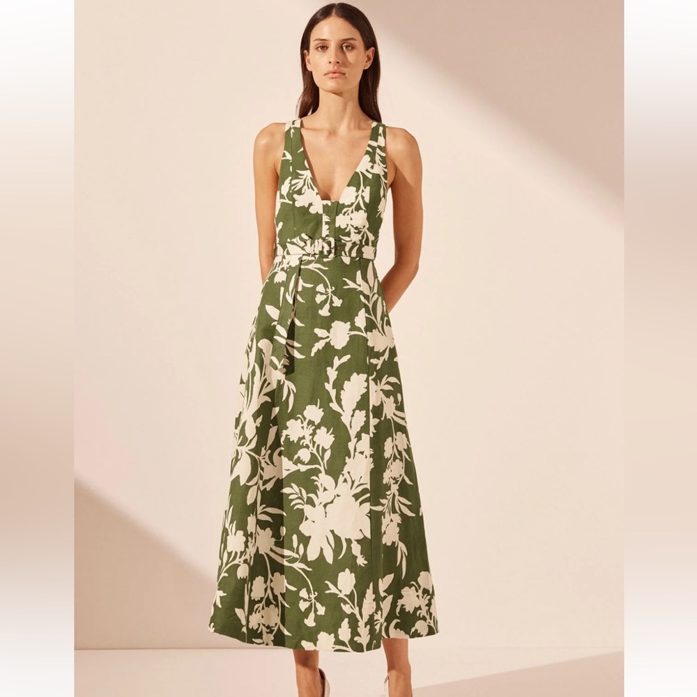 Shona Joy Green and White Floral Midi Dress